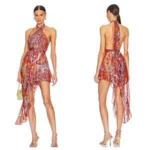 Sundress Amina Dress Size Large Fuchsia orange Print Halter Neck Asymmetric Hem